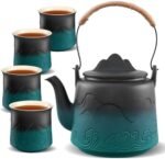 | ZENS Vintage Japanese Tea Set, Gradient Embossed Ceramic Japanese Teapot with 4 Teacups, Hemp Rope Handle 33.8 oz Loose Leaf Teapot with Built-in Strainer for Tea Steeper Gifts, Black & Green Tea Sets