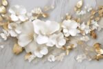 Toolhom 3D Wallpaper Illustration Beige Background Large White Abstract Gold Leaf Flower for Living Room Bedroom Backdrop Decoration（Non-self-Adhesive） - - Image 4