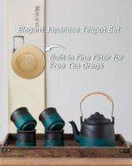| ZENS Vintage Japanese Tea Set, Gradient Embossed Ceramic Japanese Teapot with 4 Teacups, Hemp Rope Handle 33.8 oz Loose Leaf Teapot with Built-in Strainer for Tea Steeper Gifts, Black & Green Tea Sets - Image 8