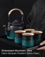 | ZENS Vintage Japanese Tea Set, Gradient Embossed Ceramic Japanese Teapot with 4 Teacups, Hemp Rope Handle 33.8 oz Loose Leaf Teapot with Built-in Strainer for Tea Steeper Gifts, Black & Green Tea Sets - Image 6