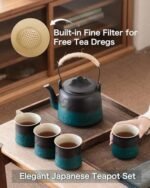 | ZENS Vintage Japanese Tea Set, Gradient Embossed Ceramic Japanese Teapot with 4 Teacups, Hemp Rope Handle 33.8 oz Loose Leaf Teapot with Built-in Strainer for Tea Steeper Gifts, Black & Green Tea Sets - Image 2