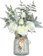 Faux Flowers with Vase,Artificial Silk Roses in Vase, Fake Plant Eucalyptus Flower Arrangement for Home Office Farmhouse Bathroom Dining Table Centerpiece Decorations Coffee Table Decor (White) : Home & Kitchen