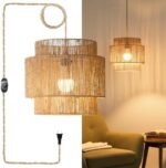Chi An Home 11.8" Boho Jute Plug in Pendant Light, Handwoven Natural Hanging Lamp Plug in with Dimmable Light Switch, Wicker Hanging Light Fixture for Bedroom Living Room Kitchen (No Bulb Included) -
