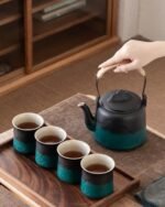 | ZENS Vintage Japanese Tea Set, Gradient Embossed Ceramic Japanese Teapot with 4 Teacups, Hemp Rope Handle 33.8 oz Loose Leaf Teapot with Built-in Strainer for Tea Steeper Gifts, Black & Green Tea Sets - Image 5
