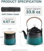 | ZENS Vintage Japanese Tea Set, Gradient Embossed Ceramic Japanese Teapot with 4 Teacups, Hemp Rope Handle 33.8 oz Loose Leaf Teapot with Built-in Strainer for Tea Steeper Gifts, Black & Green Tea Sets - Image 4