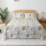 Zusbest Queen Sheet Set 100% Percale Cotton Green Floral Bed Sheet Set Yellow Flower & Green Leaves Botanical Pattern Printed on White Garden Luxury Crisp Soft Deep Pocket Fitted Sheet 17.5'' 4Pcs : Home & Kitchen - Image 9