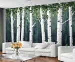 Dark Green Birch Forest Wall Mural, Tranquil Woodland Tree 3d Wall Murals, Modern Minimal White Birch Tree Wallpaper Mural, for Living Room Bedroom Large Wallpaper Interior Decor 197"W x124.8 "H : Tools & Home Improvement - Image 4