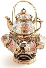 | CHANJOON tea sets Gold Plated Red Rose Ceramic Tea Set, Vintage Teapot Tea Sets Beautiful Tea Set Coffee Serving 6 People (Golden, Medium) Tea Sets