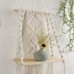 Macrame Wall Hanging Plant Decor Shelf Indoor Outdoor Floating Wood shelve Decorative Hand Made Rope Boho Shelving for Plants : Patio, Lawn & Garden - Image 3