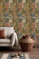 Vintique Floral Wallpaper Peel and Stick Boho Wall Paper Removable Waterproof Green Petal Pattern Contact Paper for Bedroom, Bathroom, Home Wall 17.3" x 118" - - Image 2