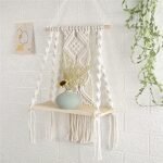 Macrame Wall Hanging Plant Decor Shelf Indoor Outdoor Floating Wood shelve Decorative Hand Made Rope Boho Shelving for Plants : Patio, Lawn & Garden - Image 6