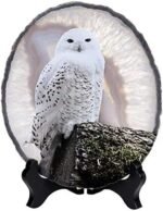 mookaitedecor Natural Agate Slice Art Print Snowy Owl Table Display with Wooden Stand, Irregular Agate Geode Stone Figurine for Office & Home Decoration : Home & Kitchen