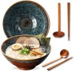 ArtifexCeram 8 Inch Ceramic Ramen Bowl Set of 2, 40oz Japanese Bowls with Spoons & Chopsticks,Durable,Microwave & Dishwasher Safe,Perfect for Ramen,Pho,Salad,Soup,Noodles，Mixing bowls（Verdigris Green） : Home & Kitchen