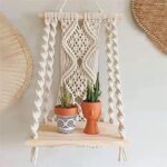 Macrame Wall Hanging Plant Decor Shelf Indoor Outdoor Floating Wood shelve Decorative Hand Made Rope Boho Shelving for Plants : Patio, Lawn & Garden