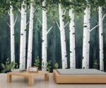 Dark Green Birch Forest Wall Mural, Tranquil Woodland Tree 3d Wall Murals, Modern Minimal White Birch Tree Wallpaper Mural, for Living Room Bedroom Large Wallpaper Interior Decor 197"W x124.8 "H : Tools & Home Improvement - Image 3