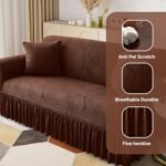 WONGS BEDDING Stretch Velvet Sofa Slipcover, Cushion Couch Cover with Skirt, Pet Friendly Durable Washable Stretchable, Easy Fit Universal Furniture Protector, (45"-53",Brown) : Home & Kitchen - Image 3