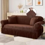 WONGS BEDDING Stretch Velvet Sofa Slipcover, Cushion Couch Cover with Skirt, Pet Friendly Durable Washable Stretchable, Easy Fit Universal Furniture Protector, (45"-53",Brown) : Home & Kitchen