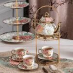 | CHANJOON tea sets Gold Plated Red Rose Ceramic Tea Set, Vintage Teapot Tea Sets Beautiful Tea Set Coffee Serving 6 People (Golden, Medium) Tea Sets - Image 4
