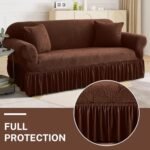 WONGS BEDDING Stretch Velvet Sofa Slipcover, Cushion Couch Cover with Skirt, Pet Friendly Durable Washable Stretchable, Easy Fit Universal Furniture Protector, (45"-53",Brown) : Home & Kitchen - Image 4