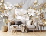 Toolhom 3D Wallpaper Illustration Beige Background Large White Abstract Gold Leaf Flower for Living Room Bedroom Backdrop Decoration（Non-self-Adhesive） - - Image 3
