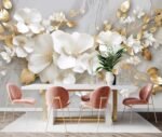Toolhom 3D Wallpaper Illustration Beige Background Large White Abstract Gold Leaf Flower for Living Room Bedroom Backdrop Decoration（Non-self-Adhesive） -