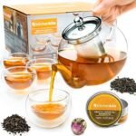 | Kitchen Kite Glass Teapot Set with 4 Double Wall Teacups & Removable Stainless Steel Infuser - Microwave Dishwasher Safe Clear Blooming Loose Leaf Teas, Tea Maker Gift Teapots