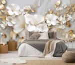 Toolhom 3D Wallpaper Illustration Beige Background Large White Abstract Gold Leaf Flower for Living Room Bedroom Backdrop Decoration（Non-self-Adhesive） - - Image 2