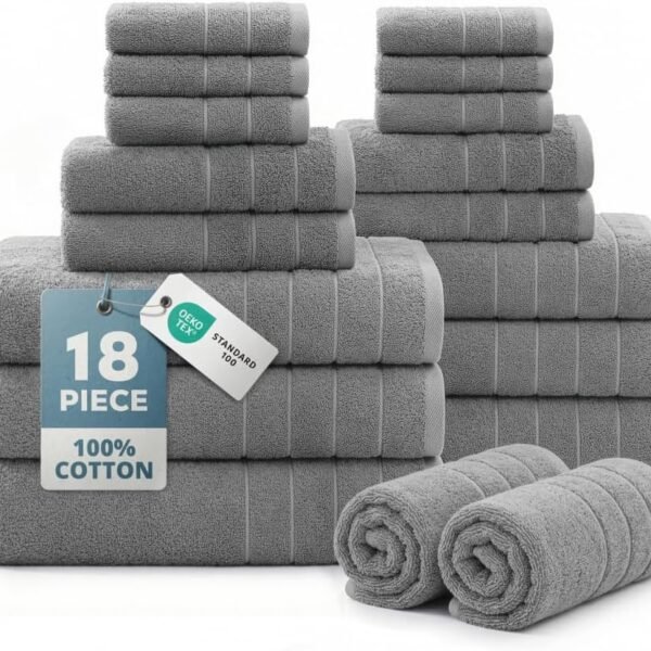 Casa Platino Cotton Towels Set for Bathroom - 18 Pc Family Pack - Super Soft & Quick Dry - 6 Bath, 6 Washcloth, 6 Hand Towels - Oeko TEX Certified, Machine Washable & Durable - Cool Grey : Home & Kitchen